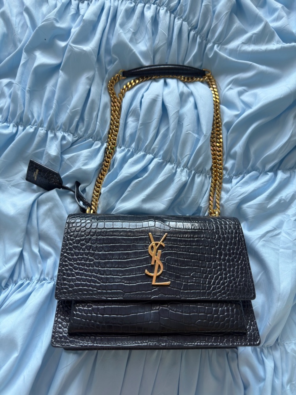Saint Laurent Black Croc-Embossed Shoulder Bag with Gold Hardware